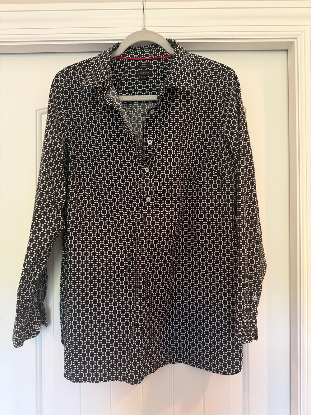 Talbots Black and White Floral Dot Print Blouse with Pink Trim